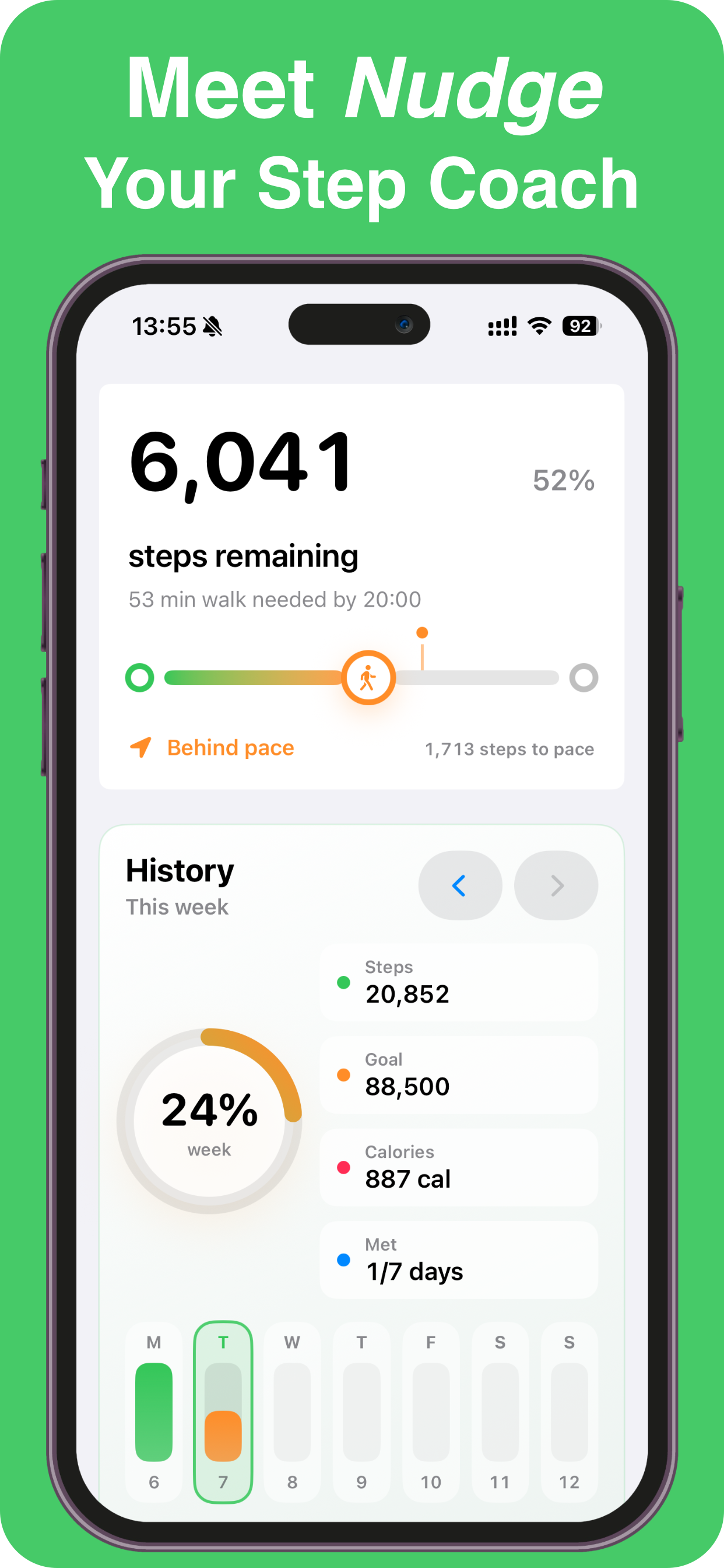 Nudge iPhone app showing steps remaining and weekly history